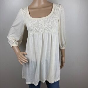 Sugar Tart Cream Lace Babydoll Peasant Top Medium USA Made Boho 3/4 Sleeve Y2K